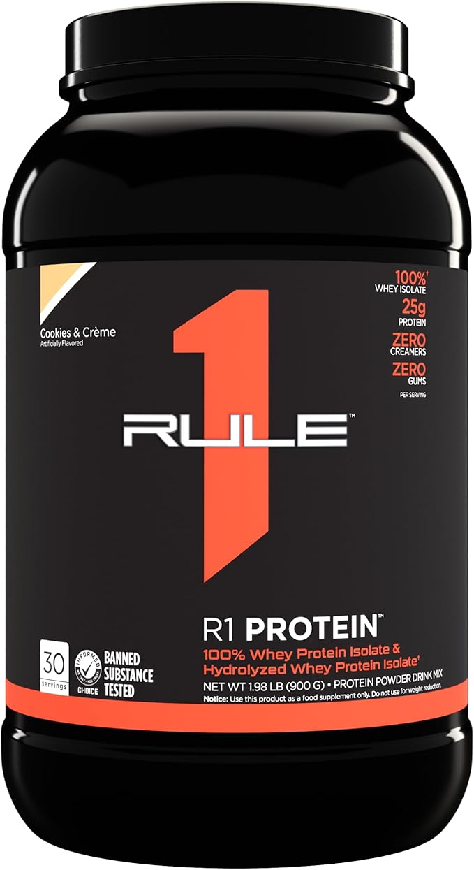 Rule One Proteins R1 Protein - 25g Fast-Acting, Super-Pure 100% Isolate and Hydrolysate Protein Powder with 6g BCAAs (2 Pounds*, Cookies & Crème)
