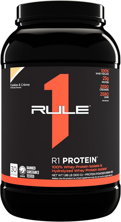 Rule One Proteins R1 Protein - 25g Fast-Acting, Super-Pure 100% Isolate and Hydrolysate Protein Powder with 6g BCAAs (2 Pounds*, Cookies & Crème)