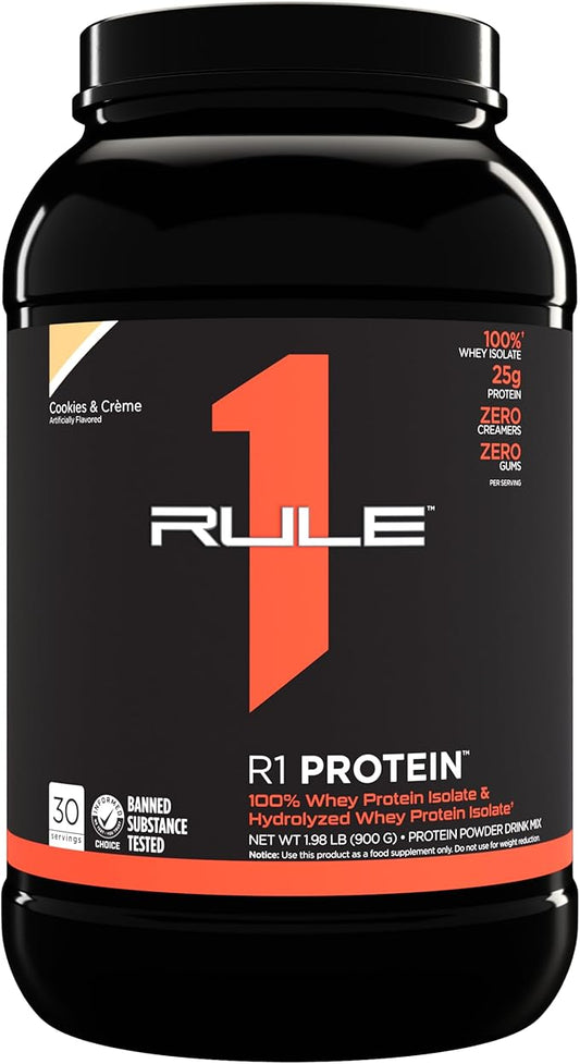 Rule One Proteins R1 Protein - 25g Fast-Acting, Super-Pure 100% Isolate and Hydrolysate Protein Powder with 6g BCAAs (2 Pounds*, Cookies & Crème)