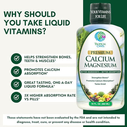 Premium Liquid Calcium Magnesium Citrate - Natural formula w/ support for strong bones - Liquid Vitamin Supplement w/ Calcium, Magnesium, Boron & Vitamin D3 – Up to 98% Absorption Rate- 32oz, 64 Serv