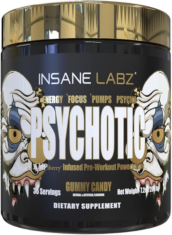 Insane Labz Psychotic Gold and Insane Veinz Gold Pre Workout Nitric Oxide Booster Stack, Increase Muscle Mass, Vascularity, Strength, Energy, Focus, Gummy Candy and Fruit Punch.