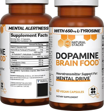 NATURAL STACKS Dopamine Focus Supplement w/L-Tyrosine - Promotes Mental Drive, Clarity & Focus - Dopamine Brain Food Supplement - Supports Mental Energy - 60 Capsules