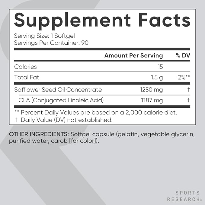Sports Research CLA - 1250mg with Active Conjugated Linoleic Acid for Men and Women | Non-GMO, Soy & Gluten Free - 95% (90 Softgels)