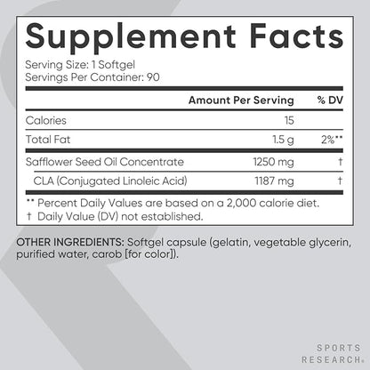 Sports Research CLA - 1250mg with Active Conjugated Linoleic Acid for Men and Women | Non-GMO, Soy & Gluten Free - 95% (90 Softgels)