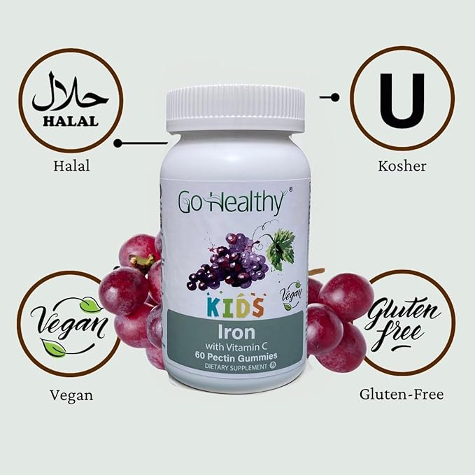 Go Healthy Iron Gummies for Kids, Toddlers, Teens with Vitamin C, Vegan Supplement - Children's Energy, Brain & Immune Support - Grape Flavor, Gluten Free, Kosher, Halal - 30 Servings