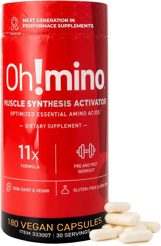 Oh!mino Oh! Nutrition Muscle Synthesis Activator, Electrolyte Capsules with Essential Amino Acids & 100mgs of Pharma-Grade Caffeine, Pre Workout, Post Workout for Men and Women, 180 Vegan Capsules