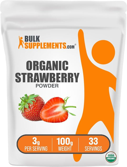 BulkSupplements.com Organic Strawberry Powder - Strawberry Powder Supplement, Strawberry Powder Organic - No Sugar Added & Gluten Free, 3g per Serving, 100g (3.5 oz) (Pack of 1)