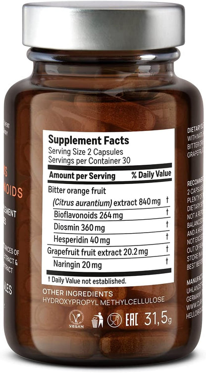Citrus Bioflavonoids - Vegan Flavonoids Supplements Made from Bitter Orange and Grapefruit Extract - Antioxidant & Immune Support - 60 Capsules - Made in Germany