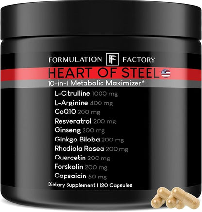 Heart of Steel: 10-in-1 Metabolic Maximizer Nitric Oxide Supplement, Blood Pressure Support, L Arginine, L Citrulline Natural Pre-Workout: Energy Management (120 Capsules - 1 Month)