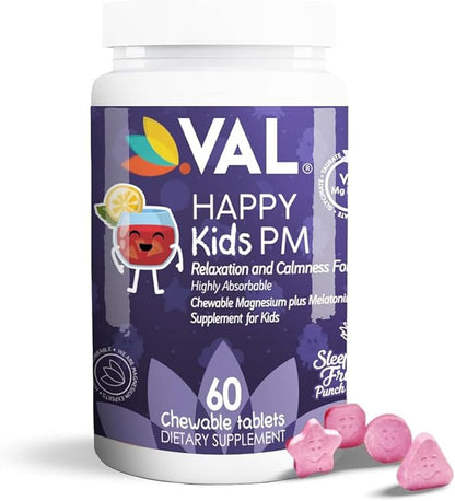 VAL Kids Melatonin Plus Magnesium, B6, Vitamin C, Bedtime Routine Supplement, Children’s Relaxation and Sleep Support for Kids 4+, Drug Free, Sugar Free, Natural Fruit Punch Flavor, 60 Chew Tabs