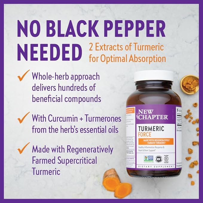 New Chapter Turmeric Supplement, One Daily, Heart, Brain & Healthy Inflammation Support, Supercritical Turmeric Curcumin Means No Black Pepper Needed, Non-GMO, Gluten Free – 60 Count (2 Month Supply)