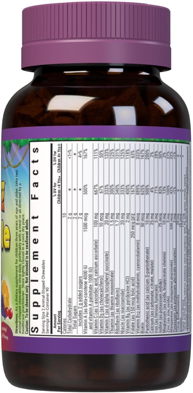 Bluebonnet Nutrition Rainforest Animalz Whole Food Based Multiple Chewable Tablet, Kids Multivitamin & Mineral, Vitamin C, D3, Iron, Gluten Free, Milk Free, Kosher, 180 Chewable Tablets, Mixed Flavor
