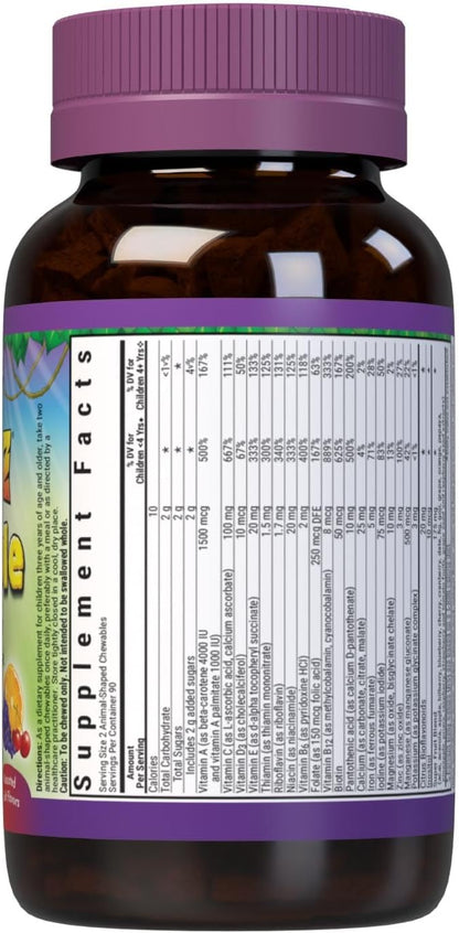 Bluebonnet Nutrition Rainforest Animalz Whole Food Based Multiple Chewable Tablet, Kids Multivitamin & Mineral, Vitamin C, D3, Iron, Gluten Free, Milk Free, Kosher, 180 Chewable Tablets, Mixed Flavor