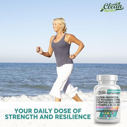 Calcium Magnesium Zinc Supplement with Potassium, Copper, Strontium, Silica, Vitamin D3 K2, Boron, Vitamin B1 B12 Red Clover Herb Alfalfa Basil Pills for Men and Women Clean Nutra Osteo Defend