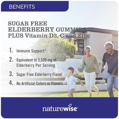 NatureWise Sambucus Elderberry Gummies - Sugar-Free - Daily Immune Support Supplement for Kids and Adults*, with Vitamin C, D3, Zinc - Vegan, Gluten Free, Non-GMO - 90 Count[45-Day Supply]
