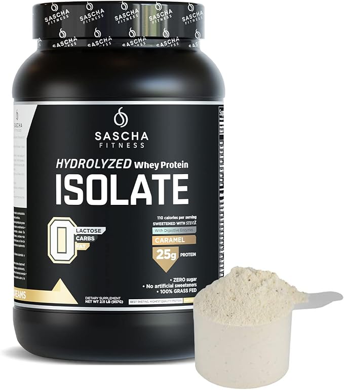 SASCHA FITNESS Hydrolyzed Whey Protein Isolate,100% Grass-Fed (2.11 Pounds) (Caramel Flavor)