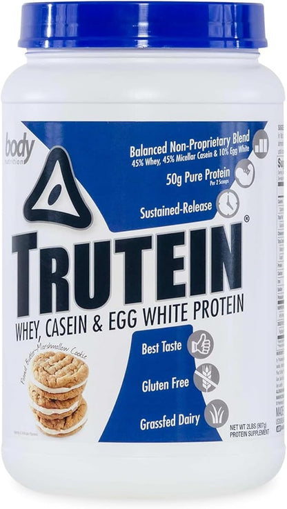 Body Nutrition Trutein High Protein Powder: 45% Whey, 45% Casein, 10% Egg White, Gluten-Free, Low Sodium, Grass Fed Whey Protein Powder, Gym Supplement & Breakfast Shake, Peanut Butter Marshmallow 2lb