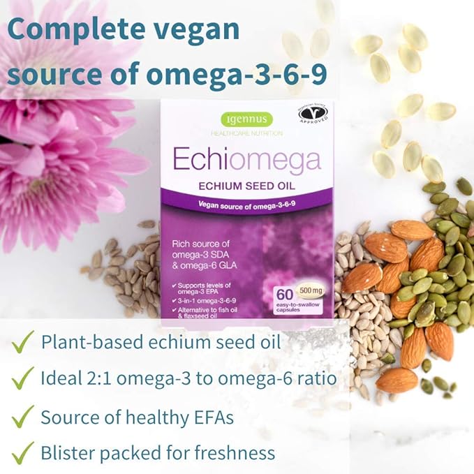 Echiomega Vegan Triple Omega 3 6 9 500 mg, Echium Seed Oil, EFA Supplement for Women with GLA, 60 Softgels