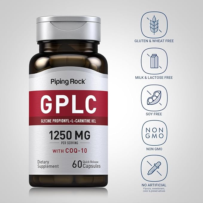 Piping Rock GPLC Glycine Propionyl-L-Carnitine | 1250mg | 60 Capsules | Plus CoQ10 | Non-GMO, Gluten Free Supplement