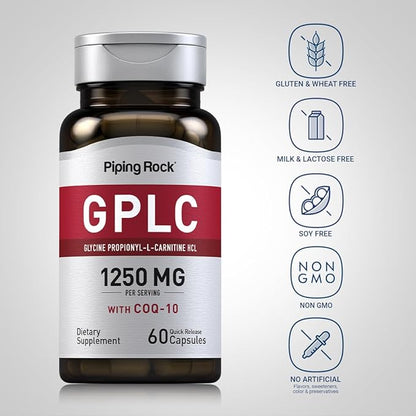 Piping Rock GPLC Glycine Propionyl-L-Carnitine | 1250mg | 60 Capsules | Plus CoQ10 | Non-GMO, Gluten Free Supplement