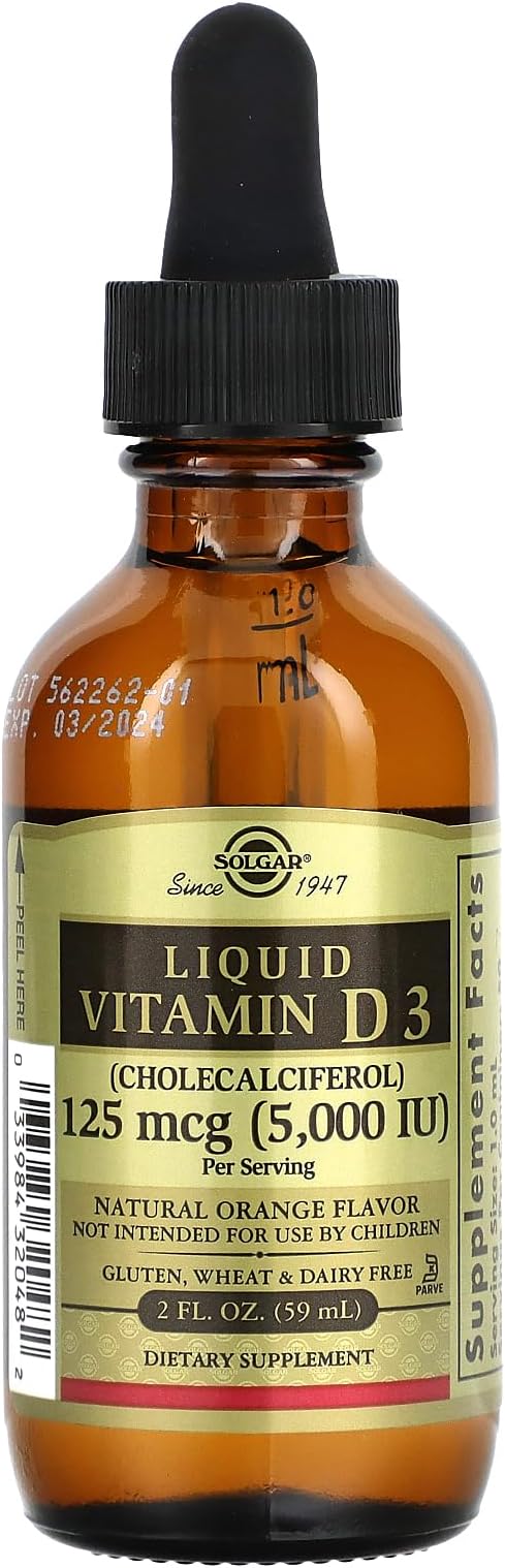 Solgar Liquid Vitamin D3 125 mcg (5,000 IU), 2 fl oz - Delicious, Natural Orange Flavor - Helps Maintain Healthy Bones & Teeth - Immune System Support - Gluten Free, Dairy Free, Kosher - 59 Servings