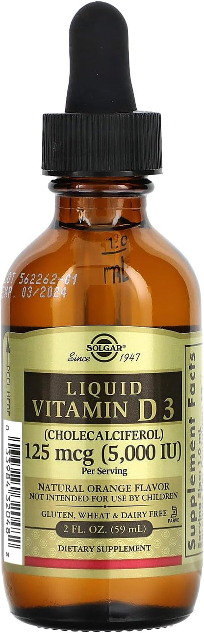 Solgar Liquid Vitamin D3 125 mcg (5,000 IU), 2 fl oz - Delicious, Natural Orange Flavor - Helps Maintain Healthy Bones & Teeth - Immune System Support - Gluten Free, Dairy Free, Kosher - 59 Servings