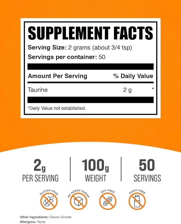 BulkSupplements.com Taurine Powder - Taurine Supplement, Taurine 2000mg - Amino Acids Supplement for Energy - Unflavored & Gluten Free, 2g per Serving, 100g (3.5 oz) (Pack of 1)