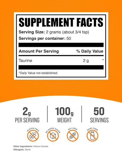 BulkSupplements.com Taurine Powder - Taurine Supplement, Taurine 2000mg - Amino Acids Supplement for Energy - Unflavored & Gluten Free, 2g per Serving, 100g (3.5 oz) (Pack of 1)