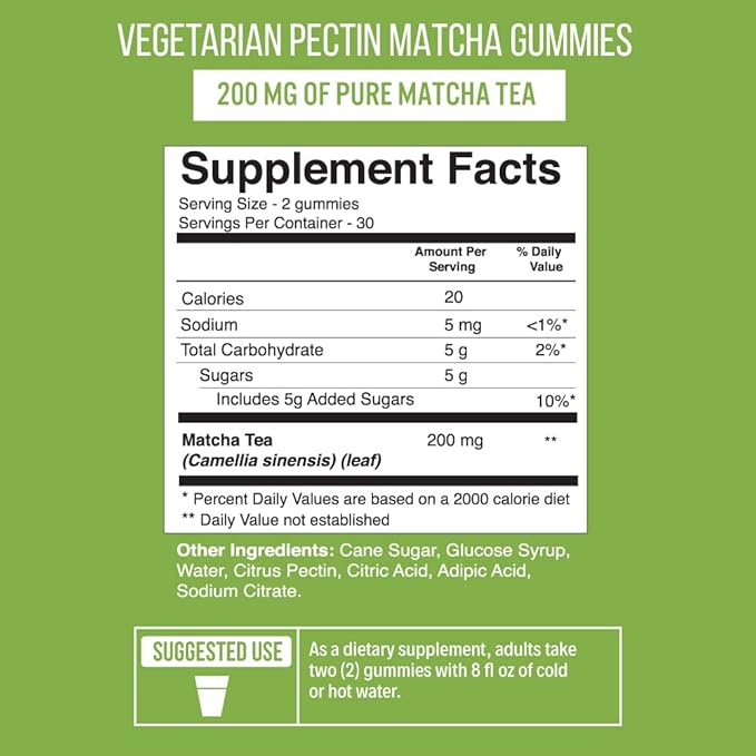 Matcha Green Tea Extract Gummy Vitamin with Green Tea Extract by Sweetheart Beauty. Matcha Energy Gummies. Green Tea Detox and Cleanse. Vegan Friendly, Gluten-Free and Non-GMO. 1 Month Supply.