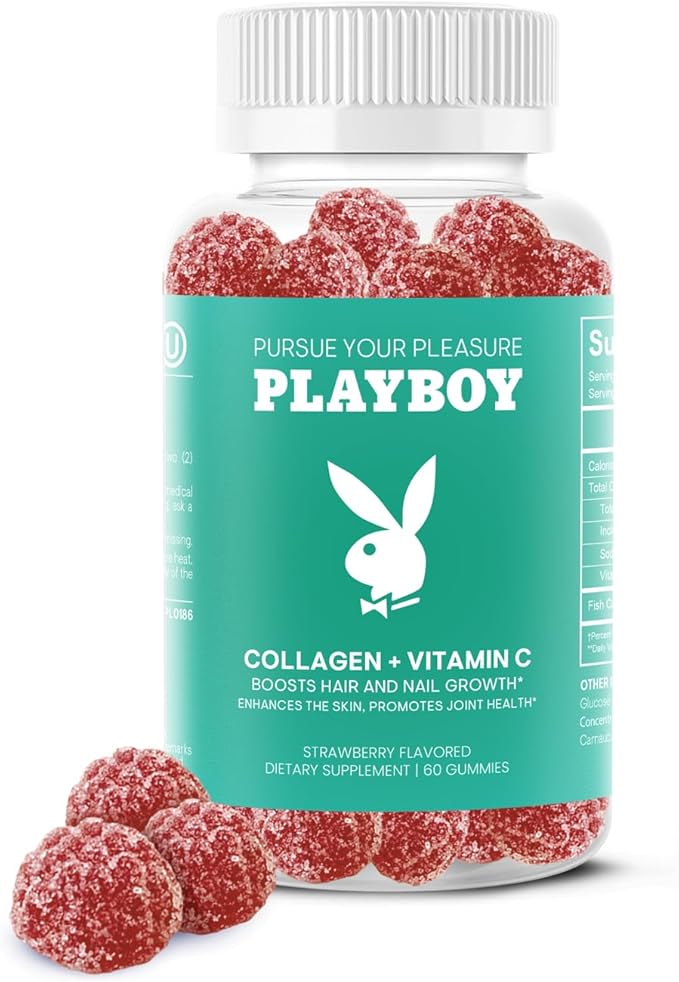 Playboy - Collagen + Vitamin C Gummies for Hair, Skin, Nails & Joint Health (60 Gummies) - Strawberry Flavored Vitamin C & Collagen Supplement for Women & Men - Non-GMO, Gluten Free, Nut Free Gummy