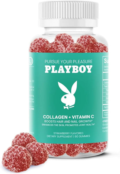 Playboy - Collagen + Vitamin C Gummies for Hair, Skin, Nails & Joint Health (60 Gummies) - Strawberry Flavored Vitamin C & Collagen Supplement for Women & Men - Non-GMO, Gluten Free, Nut Free Gummy