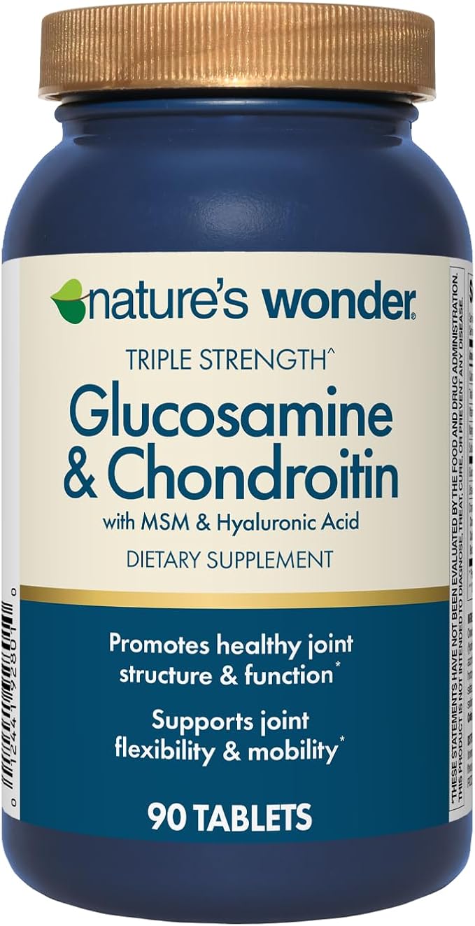 Nature's Wonder Triple Strength Glucosamine & Chondroitin with MSM and Hyaluronic Acid and Boswellia for Joint Health, Supports Joint Flexibility and Mobility, 45 Day Supply, 90 Tablets