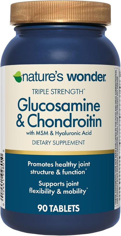 Nature's Wonder Triple Strength Glucosamine & Chondroitin with MSM and Hyaluronic Acid and Boswellia for Joint Health, Supports Joint Flexibility and Mobility, 45 Day Supply, 90 Tablets