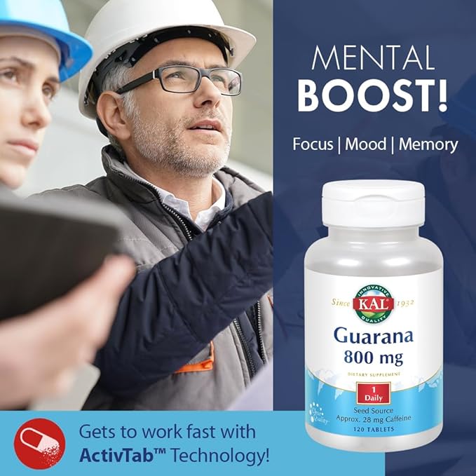 KAL Guarana 800 | Approx. 28 milligrams of Naturally Occurring Caffeine | Healthy Energy and Focus Support | 120 Tablets