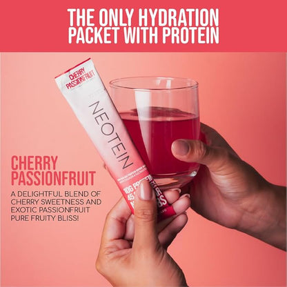 Electrolyte Powder Packets with 10g Protein & Collagen | Hydration Packets - Zero Sugar, NO Fillers, NO Carbs | Cherry Passionfruit | 45 Calories | Keto & Paleo | Pack of 15