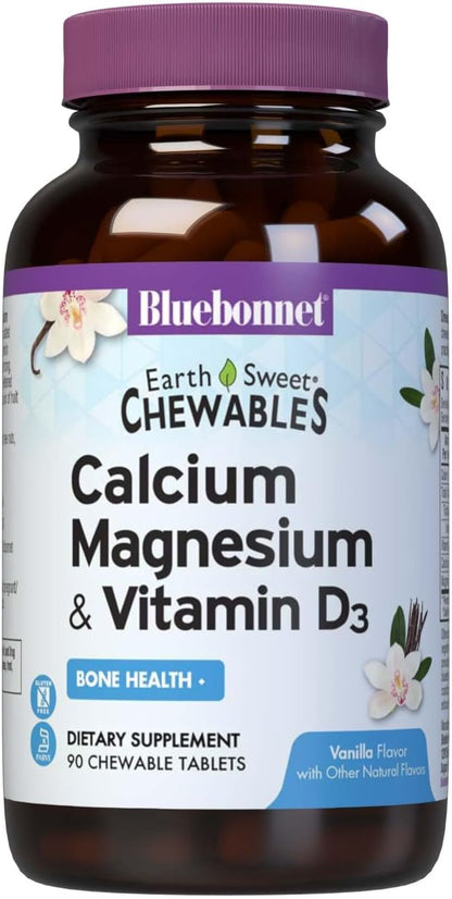 Bluebonnet Nutrition Calcium Magnesium Plus Vitamin D3 Earthsweet, Bone Health & Muscle Relaxation, Soy-Free, Gluten-Free, Kosher Certified, Dairy-Free, 90 Vanilla Flavored Chewable Tablets