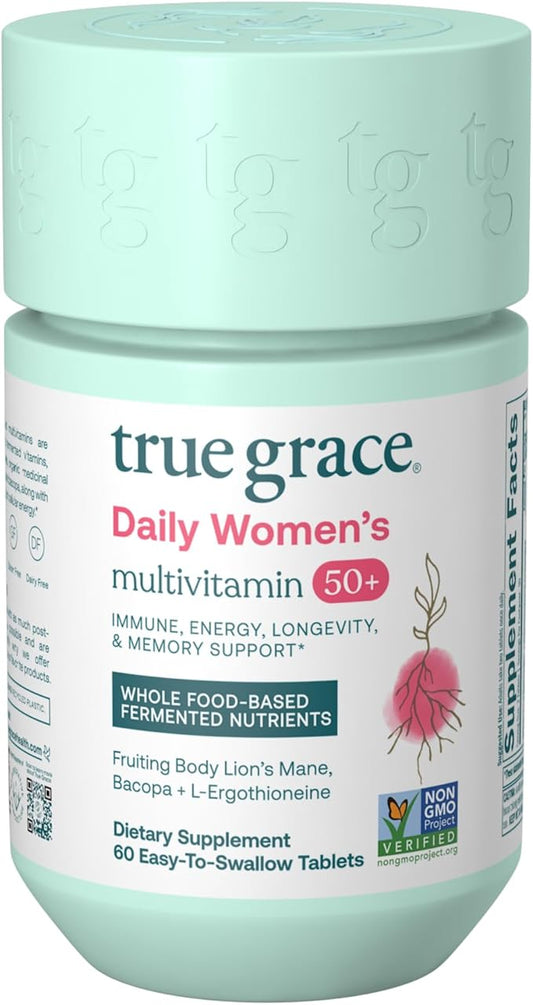 True Grace Daily Women’s Multivitamin 50+ - 60 Easy-to-Swallow Tablets - Immune, Energy, Longevity & Memory Support - Gluten Free, Soy Free, Iron Free, Vegan - 30 Servings