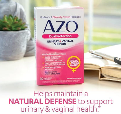 AZO Dual Protection | Urinary + Vaginal Support* | Prebiotic Plus Clinically Proven Women's Probiotic | Starts Working Within 24 Hours | Non-GMO | 30 Count (Pack of 2)