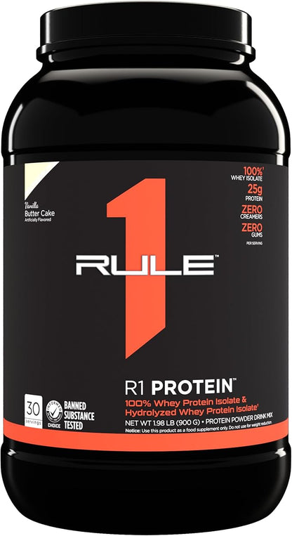 Rule One Proteins R1 Protein - 25g Fast-Acting, Super-Pure 100% Isolate and Hydrolysate Protein Powder with 6g BCAAs (2 Pounds*, Vanilla Butter Cake)