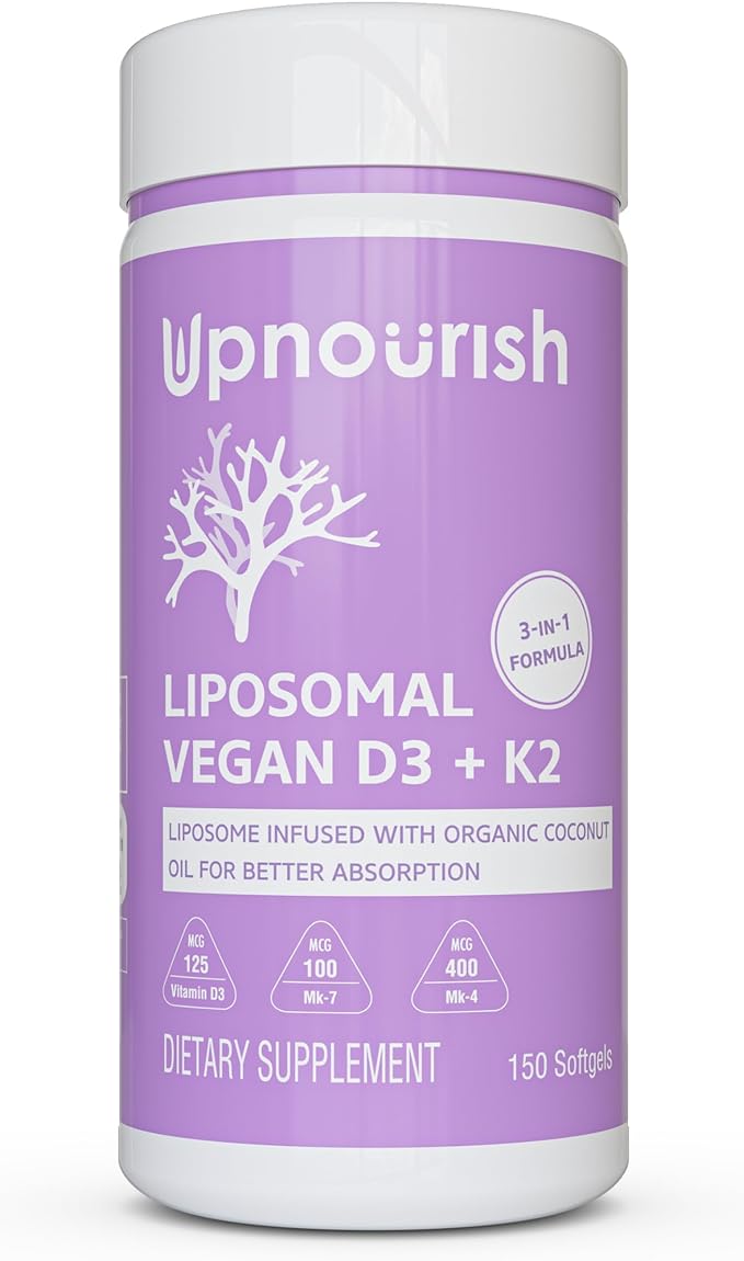 UpNourish Certified Vegan Vitamin D3 5000 IU K2 MK4 MK7 500 mcg Supplement, 150 Softgels, Plant Based Liposomal Vitamin D K with Organic Coconut Oil, Non GMO, Gluten and Gelatin Free