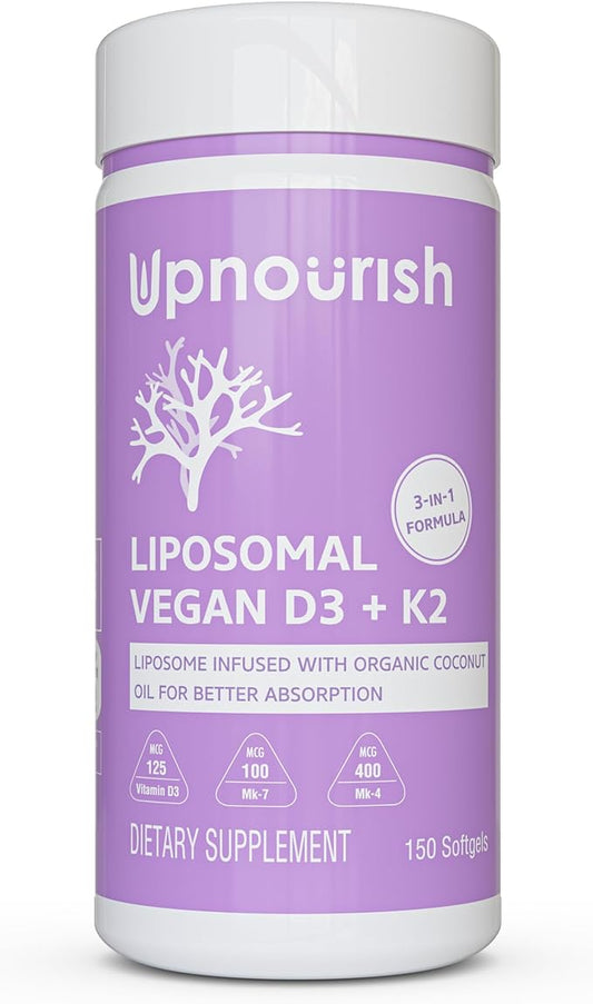 UpNourish Certified Vegan Vitamin D3 5000 IU K2 MK4 MK7 500 mcg Supplement, 150 Softgels, Plant Based Liposomal Vitamin D K with Organic Coconut Oil, Non GMO, Gluten and Gelatin Free