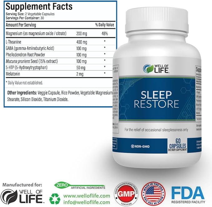 Sleep Restore - Tranquil Sleep Formula with L-Theanine, GABA, 5-HTP, Magnesium, Melatonin & More - 60 Veg Capsules for Deep, Refreshing Sleep & Overall Well-Being