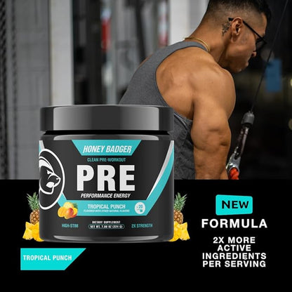 Honey Badger Pre Workout Powder, Keto Vegan Preworkout for Men & Women, Beta Alanine & Caffeine, Sugar Free Natural Energy Supplement, Tropical Punch (High-Stim)