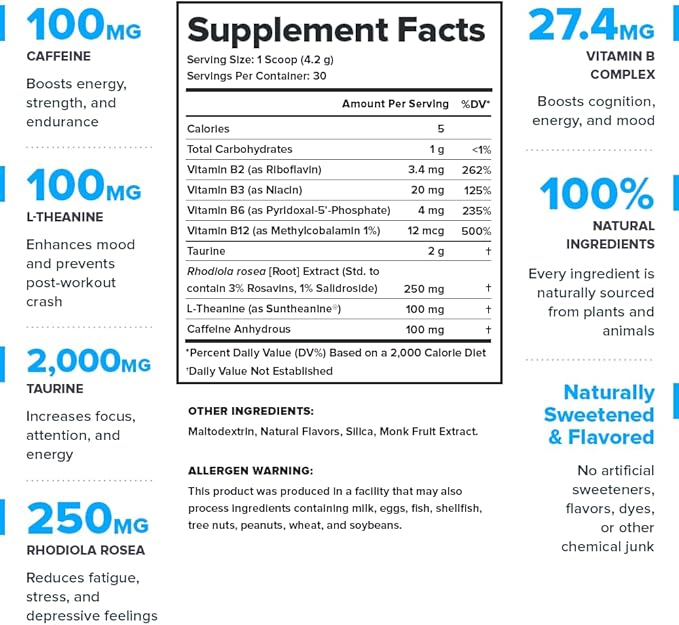 LEGION Energy Supplement - Unflavored Energy Drink Powder - Caffeine Powder with Taurine & Vitamin B Complex - Naturally Sweetened Energy Powder for Healthy Energy Drinks (120g)