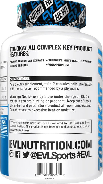 Evlution Nutrition Tongkat Ali - Men’s Health + Vitality Supplement - 800mg Tongkat Ali + 200mg Tribulus - Performance Support - Vegan + Gluten Free Capsules - 30 Servings