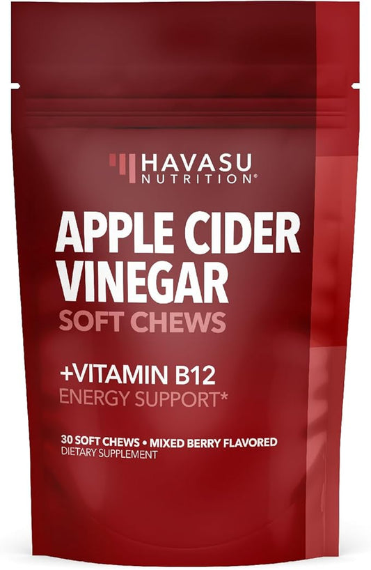 Apple Cider Vinegar Chews - Apple Cider Vinegar Supplements for Energy Management - Enhanced with Vitamin B12 and Folate - ACV Chews - 1 Month Supply Individually-Wrapped Chews