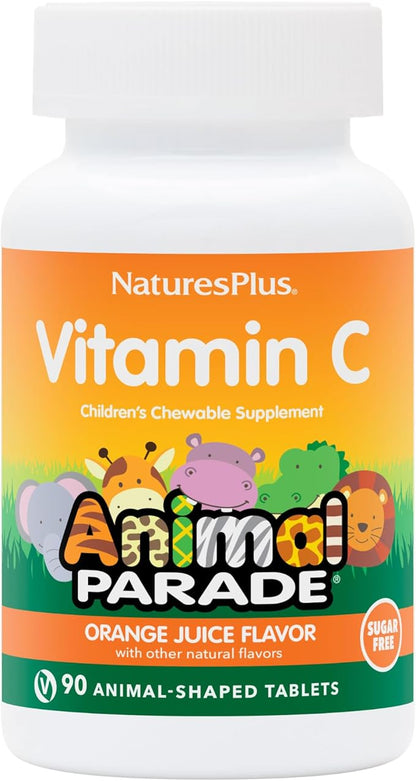 Natures Plus Animal Parade Sugar-Free Children's Vitamin C, Natural Orange Juice Flavor - 90 Chewable Animal Shaped Tablets - Immune Support - Gluten Free - 45 Servings