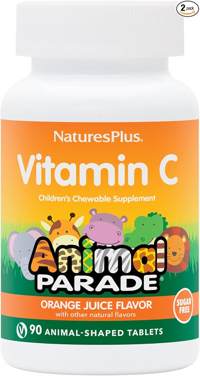 NaturesPlus Animal Parade Sugar-Free Children's Vitamin C, Natural Orange Juice Flavor - 90 Chewable Animal Shaped Tablets, Pack of 2 - Immune Support - Gluten Free - 90 Servings