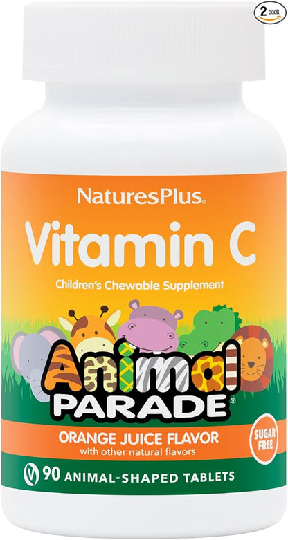 NaturesPlus Animal Parade Sugar-Free Children's Vitamin C, Natural Orange Juice Flavor - 90 Chewable Animal Shaped Tablets, Pack of 2 - Immune Support - Gluten Free - 90 Servings