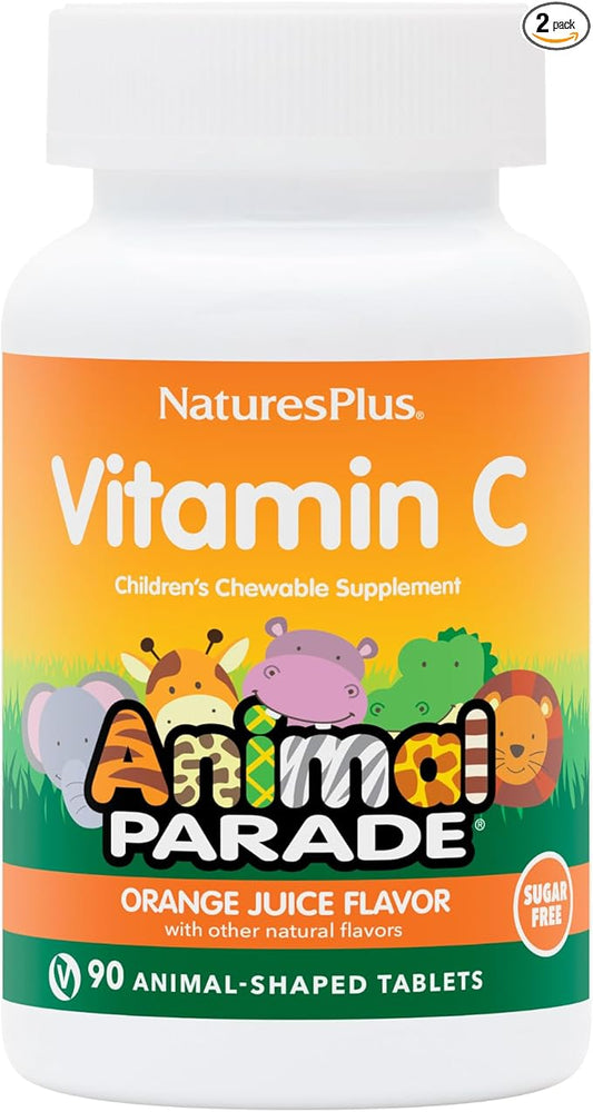 NaturesPlus Animal Parade Sugar-Free Children's Vitamin C, Natural Orange Juice Flavor - 90 Chewable Animal Shaped Tablets, Pack of 2 - Immune Support - Gluten Free - 90 Servings